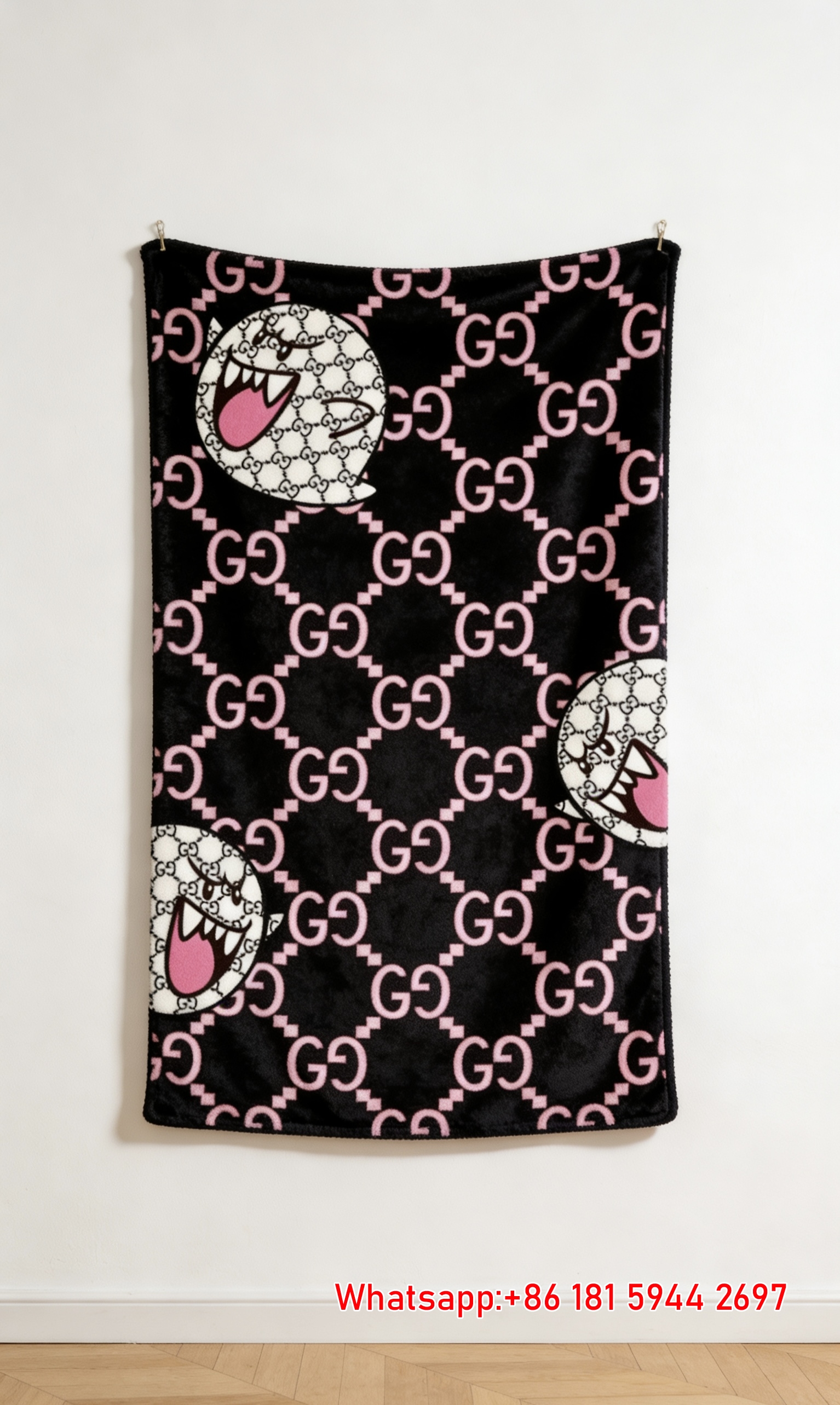 Pink GG Monogram Flannel Blanket with Monster Print – Wall Hanging Decor Gucci throw blanket IMG_2557